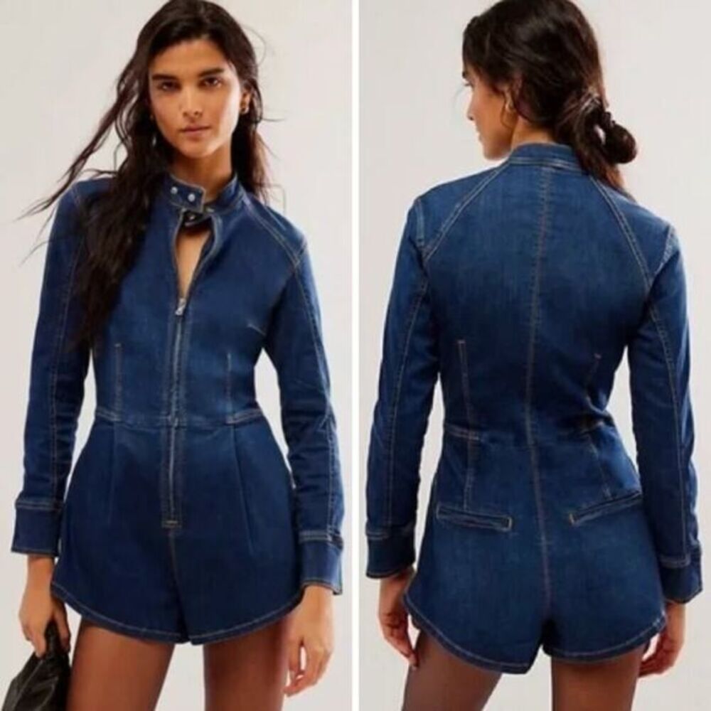 New! Free people On The Run Moto Playsuit Denim, size‎ M